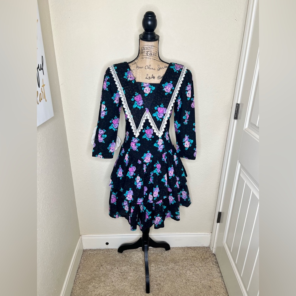 NTM: Vintage Prairie Cottagecore Floral Dress Lace Bib Collar 80s Robin Gayle